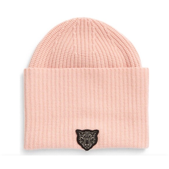 LITA By Ciara Recycled Cashmere Beanie In Pink With Black Cheetah Logo New